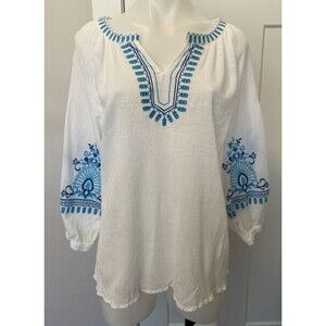 TALBOTS Womens Woven TOP 3/4 Sleeve WHITE Blue Embroidery Size L